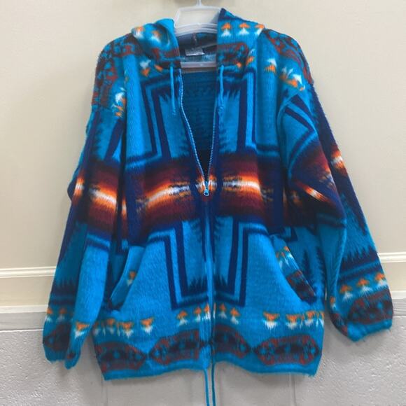 Vintage Artesania’s Tuntaquimba L wool aztaztec print hooded wool jacket - Picture 1 of 4